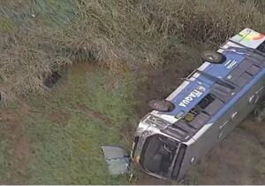 Ônibus desvia de animal, tomba e cai em ribanceira em Itaquá
