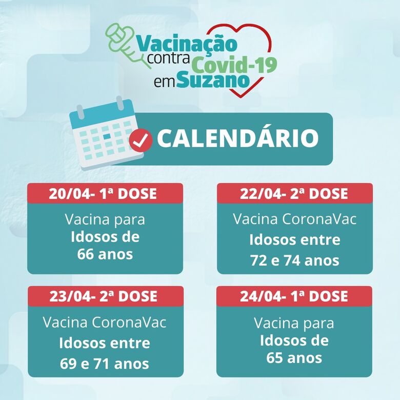 Arte informa cronograma de vacinação para a semana dos dias 20 a 24 de abril