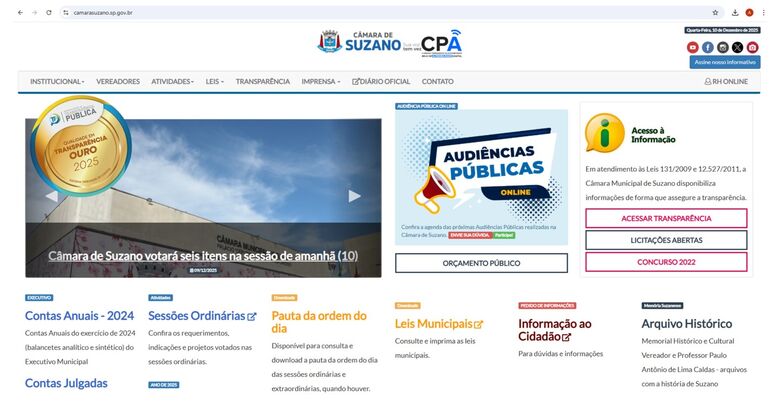 Pelo 2º ano seguido, site da Câmara de Suzano é o melhor avaliado em transparência na região