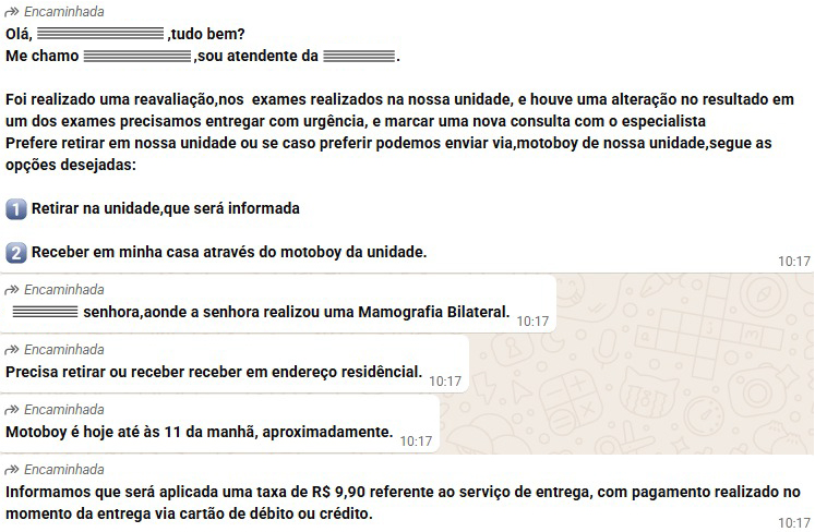 Tentativa de golpe está sendo feita por mensagem, usando o nome de uma clínica que não tem relação com a Carreta da Mamografia 