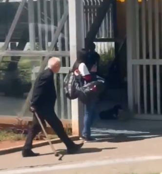 Nas imagens é possível vê-lo caminhando com o bastão até um cachorro que estava deitado na sombra