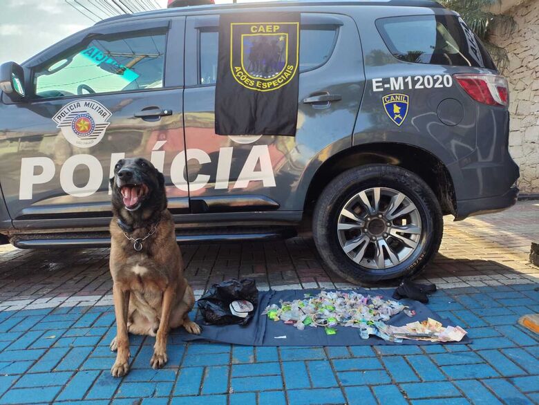 Cão Draco, do Canil da PM, encontrou uma sacola preta com 169 unidades de maconha e 249 unidades de cocaína