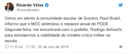 Ministro Ricardo Vélez indicou pedir militarização da Raul Brasil